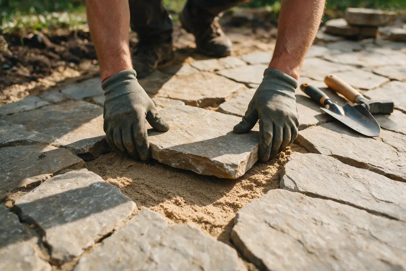 A landscaper's hands setting a natural flagstone paver by hand