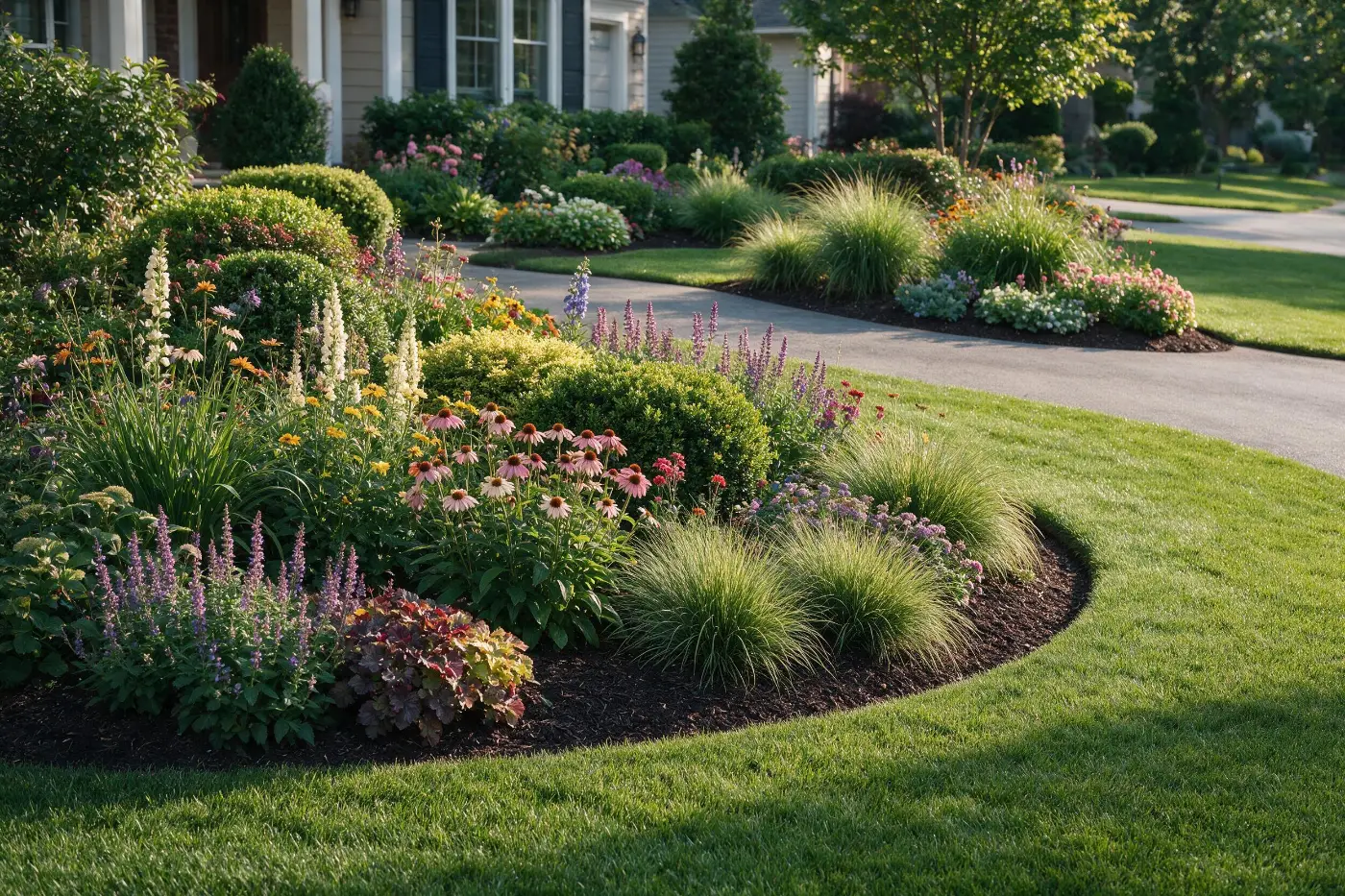 Professionally designed perennial garden beds and manicured lawn