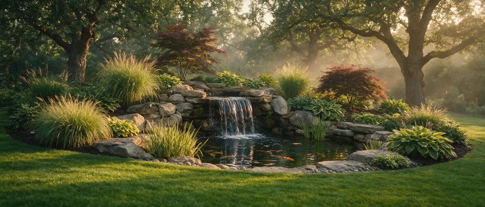 Natural stone waterfall and pond in a landscaped Muskegon backyard at golden hour