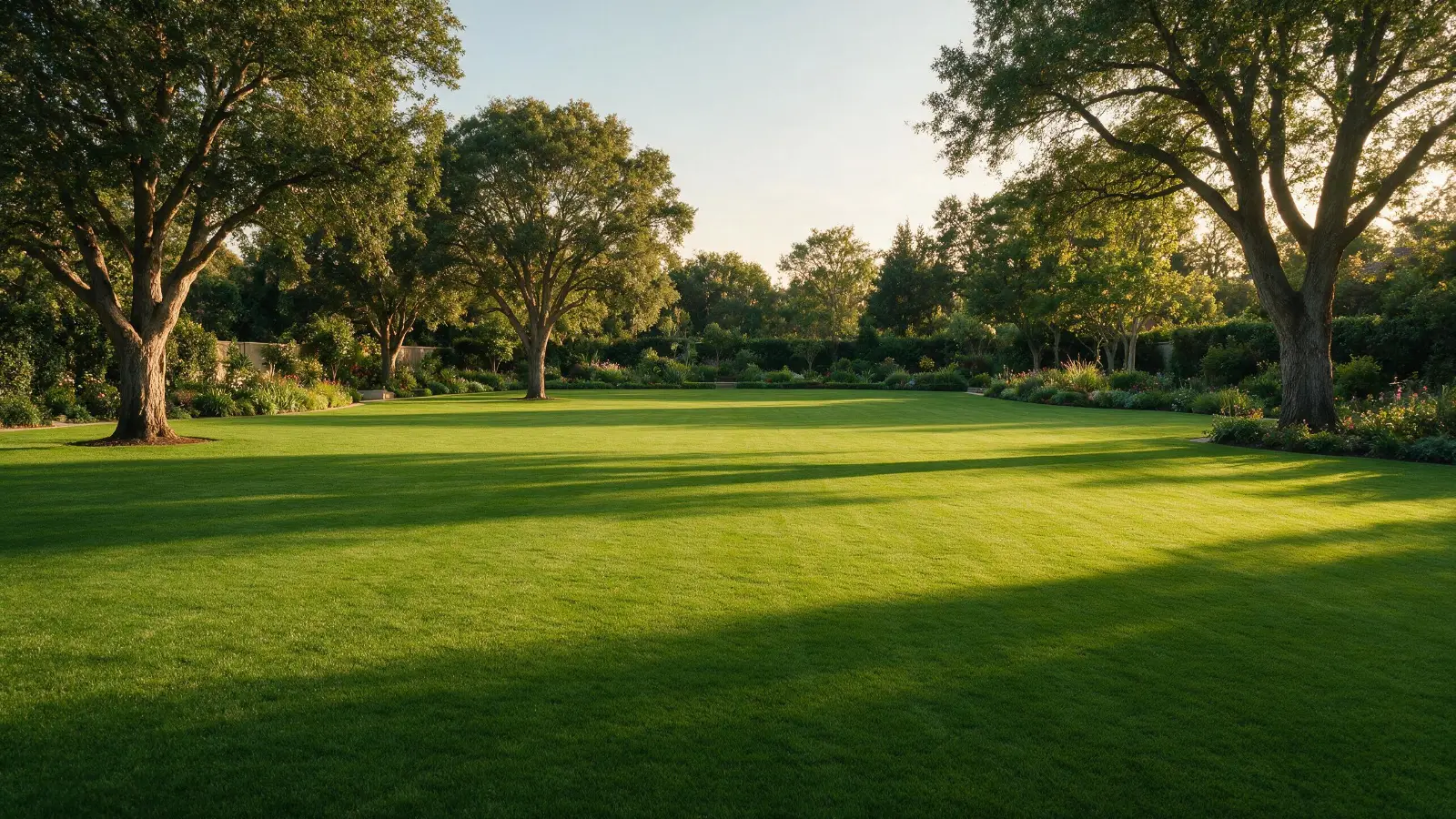Wide manicured green lawn with mature trees