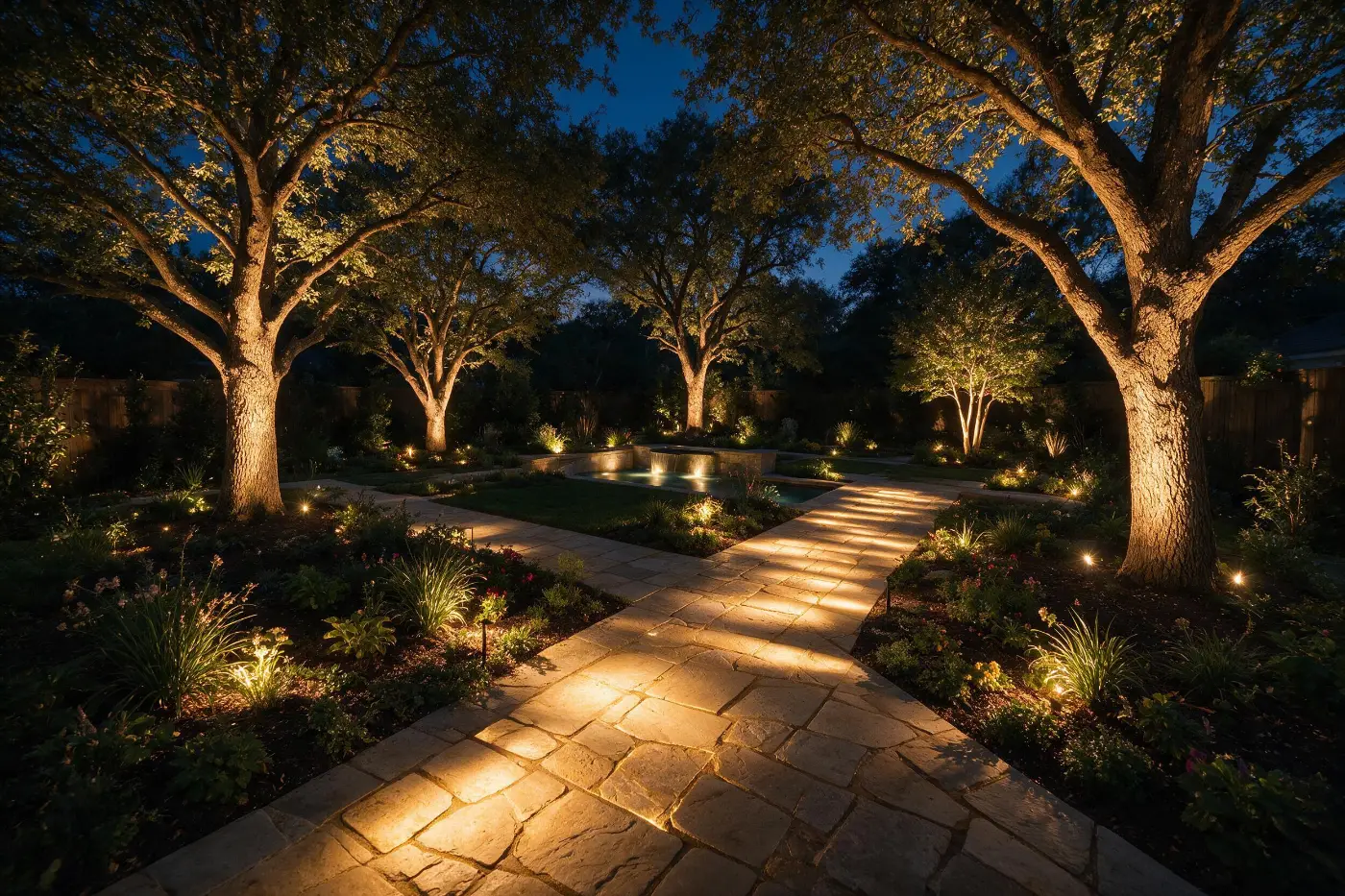 Landscape lit water feature and garden at twilight