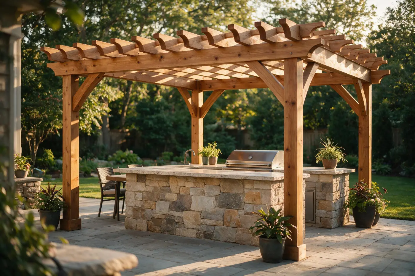 Cedar pergola over stone outdoor kitchen
