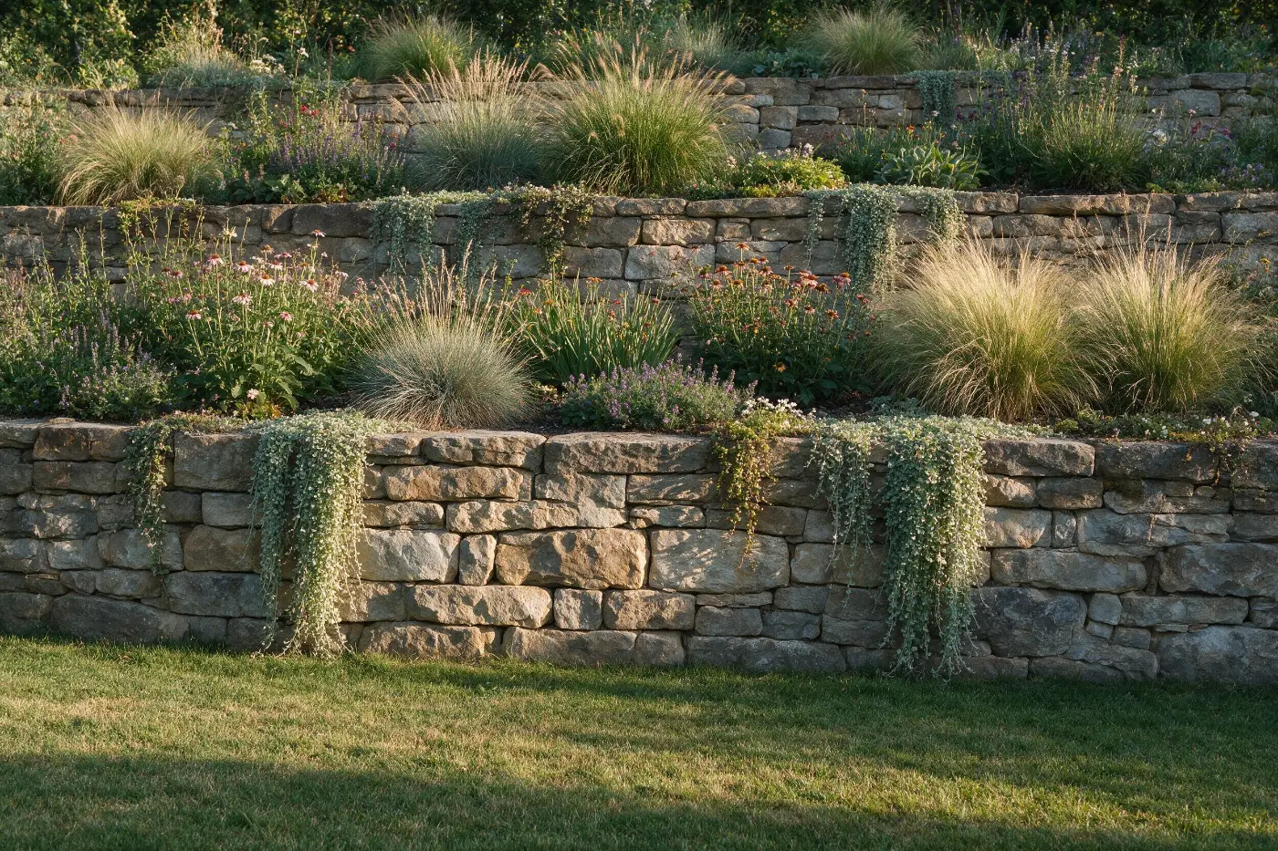 Tiered stone retaining wall