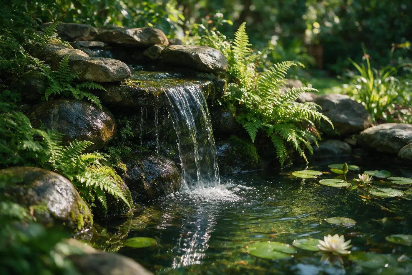 Hand-built natural stone waterfall flowing into a koi pond